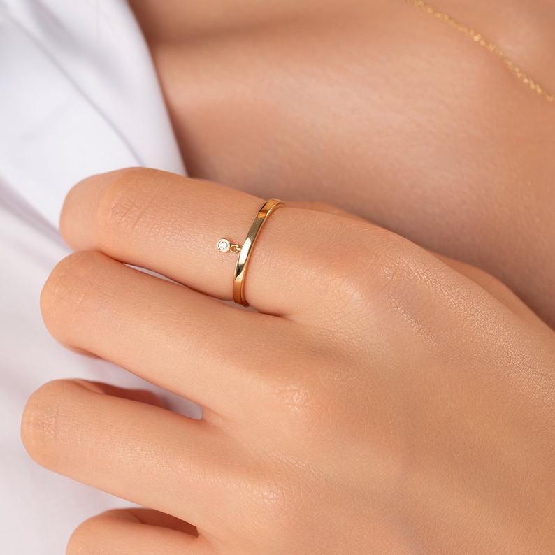 14k Solid Gold Dainty Ring with Hanging Diamonds