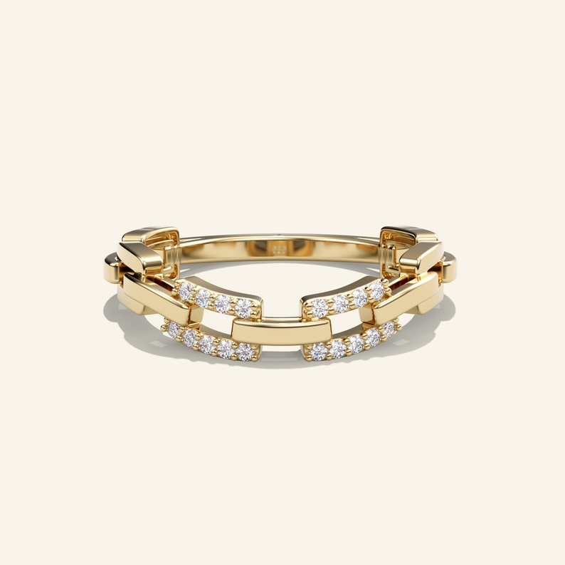 14k Solid Gold Pave Minimalist Chain Diamond Ring