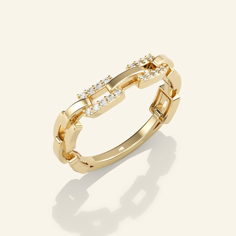 14k Solid Gold Pave Minimalist Chain Diamond Ring