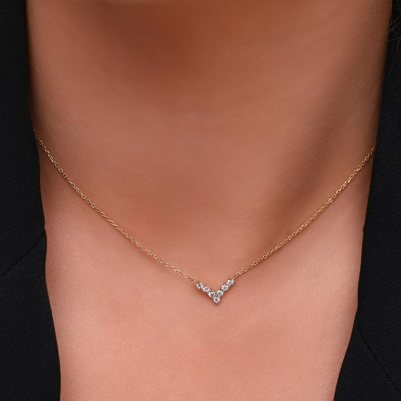 14k Solid Gold Diamond Chevron V Necklace